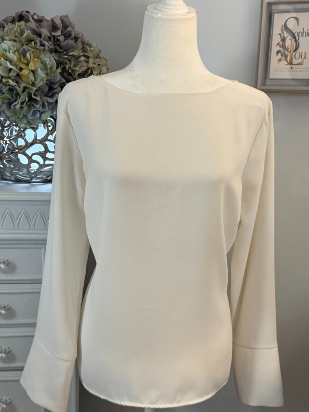 H&M Ivory Boat Neck Long Sleeve Blouse Split Cuff Detail Size 12